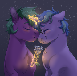 Size: 1470x1438 | Tagged: safe, imported from twibooru, oc, oc only, oc:eggplant, oc:sketchy, earth pony, pony, unicorn, blushing, eyes closed, female, flower, glasses, image, kissing, lesbian, levitation, magic, mare, night, png, smiling, telekinesis