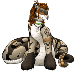 Size: 900x850 | Tagged: safe, artist:clemikou, oc, oc only, oc:sithen, lamia, original species, rattlesnake, snake, snake pony, dreadlocks, feathered fetlocks, jewelry, male, necklace, rattle, slit pupils, solo, tattoo