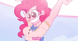 Size: 1115x588 | Tagged: safe, artist:lazy-ale, imported from derpibooru, pinkie pie, human, smile hd, arms in the air, big grin, bowtie, breasts, clothes, female, grin, humanized, scary face, scene interpretation, shirt, smiling, solo, this will end in death