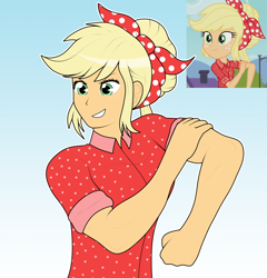 Size: 2098x2188 | Tagged: safe, artist:cyanrobo, imported from derpibooru, screencap, applejack, human, equestria girls, equestria girls series, five to nine, clothes, rosie the riveter, scene interpretation, screencap reference