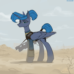 Size: 3000x3000 | Tagged: safe, artist:kirasunnight, imported from derpibooru, princess luna, alicorn, pony, alternate hairstyle, clothes, fallout, female, gauss rifle, gun, jumpsuit, pipbuck, solo, tail, tail wrap, vault suit, wasteland, weapon