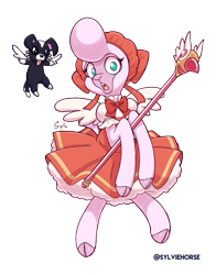 Size: 825x1050 | Tagged: safe, alternate version, artist:nekocrispy, imported from derpibooru, dog, lamb, sheep, them's fightin' herds, cardcaptor sakura, clothes, cloven hooves, community related, cosplay, costume, female, flying, male, open mouth, pom (tfh), simple background, staff, transparent background