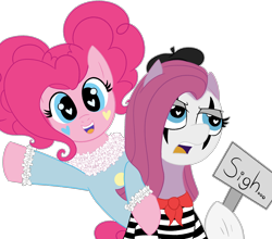 Size: 2500x2199 | Tagged: safe, artist:legendoflink, imported from derpibooru, pinkie pie, earth pony, pony, alternate hairstyle, annoyed, beret, clown, duality, duo, duo female, female, hat, heart, heart eyes, holding sign, looking at you, looking away, makeup, mare, mime, pinkamena diane pie, pinktober, raised hoof, self paradox, self ponidox, sigh, sign, simple background, text, transparent background, wingding eyes