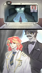 Size: 1200x2062 | Tagged: safe, artist:hiru3152, artist:lzjian79, imported from derpibooru, discord, sunset shimmer, oc, oc:butler yellow, human, comic:the setting of two suns, equestria girls, butler, everton, human discord, human sunset, sunlit shimmer