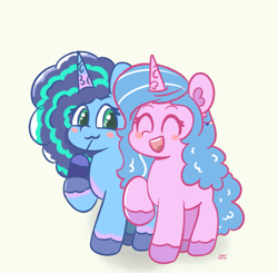 Size: 1795x1760 | Tagged: safe, artist:limitmj, imported from derpibooru, izzy moonbow, pony, unicorn, ^^, blushing, cute, drink, drinking, duo, duo female, ear fluff, eyes closed, female, full body, g5, happy, horn, izzybetes, jewelry, looking at each other, looking at someone, mare, misty brightdawn, mistybetes, raised hoof, smiling, smiling at each other, smoothie, talking, unshorn fetlocks