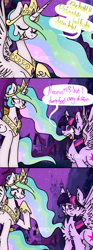 Size: 726x1944 | Tagged: safe, artist:4agonism, imported from derpibooru, princess celestia, twilight sparkle, alicorn, pony, comic:alicorn genetics 101, magical mystery cure, 3 panel comic, ascension enhancement, bags under eyes, canterlot, canterlot castle, chest fluff, comic, crown, digital art, duo, ear fluff, ethereal mane, female, flowing mane, fluffing up, flufflight sparkle, fluffy, folded wings, horn, house, jewelry, laughing, lineart, looking at each other, looking at someone, mare, night, nose wrinkle, onomatopoeia, open frown, open mouth, open smile, ponyville, poof, regalia, royalty, shading, smiling, smirk, snickering, sparkling mane, spread wings, twilight sparkle (alicorn), twilight sparkle is not amused, unamused, wall of tags, wingboner, wings