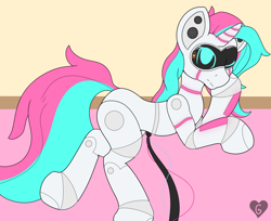 Size: 2412x1968 | Tagged: safe, artist:gnashie, imported from derpibooru, oc, oc only, oc:cyber rose, pony, robot, robot pony, unicorn, bored, cable, charging, colored, flat colors, horn, lights, lying down, prone, screen, unicorn oc