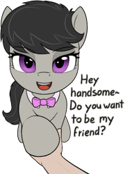 Size: 364x506 | Tagged: safe, artist:zippysqrl, imported from derpibooru, octavia melody, earth pony, human, pony, aggie.io, bedroom eyes, bowtie, bronybait, dialogue, female, hand, holding hoof, looking at you, mare, offscreen character, open mouth, open smile, pov, raised hoof, simple background, sitting, smiling, smiling at you, solo focus, talking to viewer, transparent background