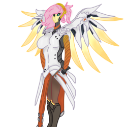 Size: 1000x1000 | Tagged: safe, artist:fluttershy_mop, imported from derpibooru, fluttershy, human, equestria girls, armor, armor skirt, artificial wings, augmented, boots, breasts, clothes, crossover, cute, gloves, mecha, mechanical wing, mercy, mercyshy, overwatch, shoes, shyabetes, simple background, skirt, solo, spread wings, stockings, thigh highs, transparent background, wings