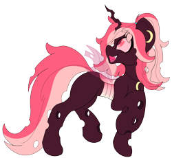 Size: 2626x2419 | Tagged: safe, artist:gnashie, imported from derpibooru, oc, oc only, oc:blood moon, changeling, changeling oc, changelingified, colored, ear piercing, earring, flat colors, happy, horn, jewelry, necklace, open mouth, piercing, raised hoof, red changeling, simple background, species swap, transparent background, wings