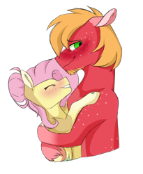 Size: 420x511 | Tagged: safe, artist:fluffy-fillies, imported from derpibooru, big macintosh, fluttershy, earth pony, pegasus, pony, alternate hairstyle, beard, blushing, eyes closed, facial hair, female, floppy ears, fluttermac, freckles, hug, male, mare, shipping, shoulder freckles, simple background, smiling, stallion, straight, transparent background