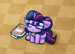 Size: 1592x1140 | Tagged: safe, artist:zutcha, imported from derpibooru, sci-twi, twilight sparkle, pony, unicorn, equestria girls, :<, adorkable, book, bookhorse, collar, cute, dork, equestria girls ponified, featured image, female, glasses, looking at you, mare, meganekko, pet tag, pettwi, pony pet, sci-twiabetes, sitting, small, smol, solo, that pony sure does love books, twiggles, unicorn sci-twi