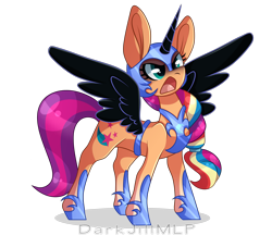 Size: 3948x3405 | Tagged: safe, artist:darkjillmlp123, imported from derpibooru, nightmare moon, sunny starscout, earth pony, pony, spoiler:g5, spoiler:my little pony: tell your tale, spoiler:tyts01e30, clothes, cosplay, costume, fake horn, fake wings, female, frown, g5, high res, mane stripe sunny, mare, my little pony: tell your tale, nightmare night costume, nightmare night party, nightmare sunny, open mouth, shadow, simple background, solo, spread wings, transparent background, wings