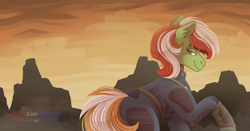 Size: 800x419 | Tagged: safe, artist:kikirdcz, imported from derpibooru, oc, oc only, oc:wandering sunrise, earth pony, pony, clothes, fallout, female, fiaura, mare, ponycon holland, solo