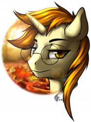 Size: 1758x2351 | Tagged: safe, artist:neonyx, imported from derpibooru, oc, oc only, oc:golden autumn, pony, unicorn, bust, digital art, freckles, glasses, horn, leaves, male, portrait, round glasses, simple background, solo, unicorn oc, white background