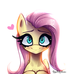 Size: 2800x2840 | Tagged: safe, artist:opal_radiance, imported from derpibooru, fluttershy, pegasus, pony, bright, cute, digital art, eyelashes, female, full face view, half body, heart, high res, looking at you, mare, simple background, smiling, smiling at you, solo, white background, wings