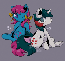 Size: 640x594 | Tagged: safe, artist:kzhound, imported from derpibooru, gusty, earth pony, unicorn, bow, bow tie (g1), duo, duo female, female, freckles, g1, gray background, hair, hair bow, heart, heart ears, mare, no pupils, one eye closed, reddit, shiny hair, shiny mane, signature, simple background, tail, tail bow, wink