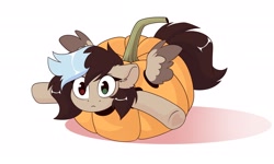 Size: 2048x1228 | Tagged: safe, artist:kebchach, imported from derpibooru, oc, oc only, pegasus, pony, clothes, costume, food, food costume, pumpkin, pumpkin costume, solo, spread wings, surprised, wide eyes, wings