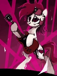 Size: 640x854 | Tagged: safe, artist:noriiuwu, imported from derpibooru, oc, oc only, oc:rosella, unicorn, abstract background, ear piercing, electric guitar, female, guitar, horn, lights, mare, musical instrument, not roseluck, piercing, reddit, rock (music), solo, unicorn oc