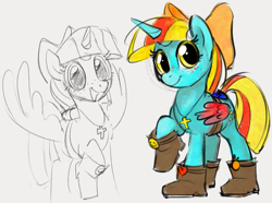 Size: 1175x875 | Tagged: safe, artist:dotkwa, imported from derpibooru, oc, oc only, oc:terri softmare, alicorn, pony, 4chan, alicorn oc, bag, boots, bow, clothes, cross, cross necklace, female, freckles, gray background, hair bow, horn, jewelry, mare, necklace, open mouth, open smile, saddle bag, shoes, simple background, smiling, solo, wings