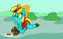 Size: 841x521 | Tagged: safe, artist:seafooddinner, imported from derpibooru, oc, oc:terri softmare, pony, zebra, 4chan, bag, boots, bow, bush, clothes, cross, ear fluff, eye clipping through hair, eyebrows, eyebrows visible through hair, female, food, freckles, hair bow, lying down, mare, pasta, plate, prone, saddle bag, shoes, smiling, spaghetti, templeos