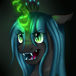 Size: 2100x2100 | Tagged: safe, artist:bennythebunny95, imported from derpibooru, queen chrysalis, changeling, changeling queen, bust, crown, female, glowing, glowing horn, high res, horn, jewelry, open mouth, portrait, regalia, solo