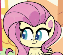 Size: 476x412 | Tagged: safe, imported from derpibooru, screencap, fluttershy, pegasus, pony, my little pony: pony life, spoiler:pony life s02e13, animated, cropped, cute, female, frown, g4.5, gif, magical mare-story tour, mare, shyabetes, solo