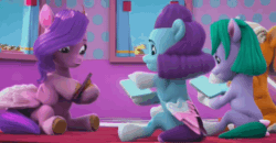 Size: 1280x668 | Tagged: safe, edit, edited screencap, imported from derpibooru, screencap, pipp petals, earth pony, pegasus, pony, unicorn, spoiler:g5, spoiler:my little pony: make your mark chapter 2, spoiler:myms01e08, animated, bow, cellphone, cropped, female, filly, foal, g5, gif, glory (g5), have you seen this dragon?, indoors, loop, mare, my little pony: make your mark, my little pony: make your mark chapter 2, peach fizz, phone, pippsqueak trio, pippsqueaks, reversed, seashell (g5), sitting, social media, tail, tail bow