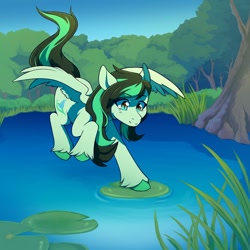 Size: 1600x1600 | Tagged: safe, artist:grumpimoon, imported from derpibooru, oc, oc only, oc:eden shallowleaf, pegasus, commission, commissioner:rainbowdash69, female, flying, grass, lilypad, pegasus oc, pond, solo, tree, water