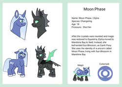 Size: 640x457 | Tagged: safe, artist:kokorokinda, imported from derpibooru, oc, oc only, oc:elytra, oc:moon phase, changeling, pony, blaze (coat marking), changeling oc, coat markings, colored hooves, cutie mark, disguise, disguised changeling, facial markings, female, g5, g5 oc, reddit, reference sheet, solo, unshorn fetlocks, white changeling