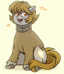 Size: 664x768 | Tagged: safe, artist:pigeorgien, imported from derpibooru, oc, oc only, oc:georgia livian, earth pony, pony, clothes, cute, female, filly, foal, heart, open mouth, sitting, solo, sweater, unshorn fetlocks