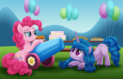 Size: 2033x1298 | Tagged: safe, artist:lifesharbinger, imported from derpibooru, izzy moonbow, pinkie pie, earth pony, pony, unicorn, balloon, cake, crouching, face down ass up, female, food, g4, g5, g5 to g4, generation leap, mare, missing cutie mark, muffin, party cannon, pie, pinkie pie day, table, the new pinkie pie, unshorn fetlocks