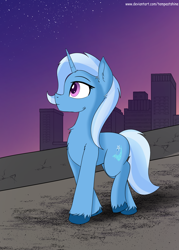 Size: 2958x4125 | Tagged: safe, artist:tempestshine, imported from derpibooru, trixie, pony, unicorn, chest fluff, city, cracks, digital art, ear fluff, eyelashes, female, full body, hooves, horn, house, houses, looking back, mare, night, road, sky, solo, stars, sunset, tail, unshorn fetlocks