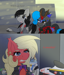 Size: 1200x1400 | Tagged: safe, artist:gray star, imported from derpibooru, oc, oc only, oc:heccin pepperino, oc:nightingale, oc:scarlet star, cyborg, earth pony, kirin, pegasus, pony, biker, butt freckles, chest fluff, clothes, cyberpunk, ear fluff, ear piercing, female, fluffy, freckles, glasses, jacket, kirin oc, leather, leather jacket, mare, motorcycle, nighthaze, pegasus oc, piercing, trans female, transgender, transgender oc