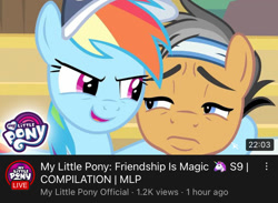 Size: 828x607 | Tagged: safe, imported from derpibooru, screencap, quibble pants, rainbow dash, earth pony, pegasus, pony, season 9, spoiler:s09, baseball cap, cap, devious, duo, duo male and female, female, frown, hat, headband, looking at each other, looking at someone, male, mare, open mouth, open smile, out of context, smiling, stallion, youtube link, youtube thumbnail