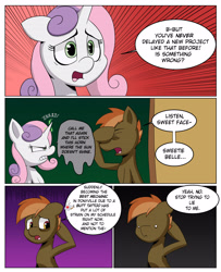 Size: 3000x3700 | Tagged: safe, artist:begoliah, imported from derpibooru, button mash, sweetie belle, earth pony, pony, unicorn, comic:crusaders, bags under eyes, comic, dialogue, duo, female, implied horn penetration, implied penetration, innuendo, male, speech bubble