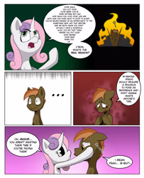 Size: 3000x3700 | Tagged: safe, artist:begoliah, imported from derpibooru, button mash, sweetie belle, earth pony, pony, unicorn, comic:crusaders, comic, dialogue, duo, female, male, speech bubble, squishy cheeks