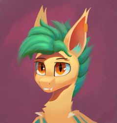 Size: 919x963 | Tagged: safe, artist:foxpit, imported from derpibooru, oc, oc:stern, bat pony, bust, chest fluff, digital art, ear fluff, ear piercing, earring, fangs, jewelry, looking at you, male, piercing, portrait, simple background, smiling, smiling at you, stallion, wings