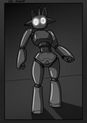 Size: 1240x1754 | Tagged: safe, artist:husdur, imported from derpibooru, oc, oc:moonzy, anthro, robot, unicorn, glowing, glowing eyes, kinktober, kinktober2022, monochrome, roboticization, starry eyes, wingding eyes