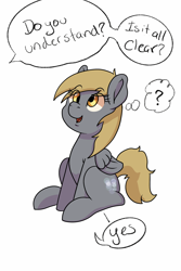 Size: 2000x3000 | Tagged: safe, artist:chedx, imported from derpibooru, derpy hooves, pegasus, pony, blatant lies, dialogue, funny, offscreen character, open mouth, open smile, ponytober, question mark, simple background, sitting, smiling, solo, speech bubble, thought bubble, white background