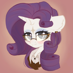 Size: 900x900 | Tagged: safe, artist:pollynia, imported from derpibooru, rarity, pony, unicorn, bust, clothes, coat markings, digital art, ear fluff, ear piercing, earring, eyelashes, facial markings, female, glasses, horn, jewelry, looking at you, makeup, mare, piercing, portrait, shirt, simple background, smiling, smiling at you, solo, star (coat marking)
