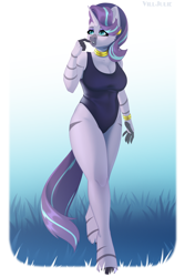 Size: 2000x3000 | Tagged: safe, artist:villjulie, imported from derpibooru, oc, oc only, oc:voodoo charms, anthro, earth pony, unguligrade anthro, unicorn, zebra, bracelet, breasts, bust, cleavage, clothes, commissioner:bigonionbean, female, fusion, fusion:starlight glimmer, fusion:zecora, horn, jewelry, mare, neck rings, one-piece swimsuit, solo, swimsuit, thighs, writer:bigonionbean, zebra oc