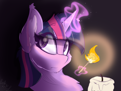 Size: 2000x1500 | Tagged: safe, artist:starcasteclipse, imported from derpibooru, twilight sparkle, pony, ambiguous race, bust, candle, chest fluff, dark background, digital art, ear fluff, eyelashes, female, fire, horn, light, looking back, magic, mare, match, portrait, simple background, solo