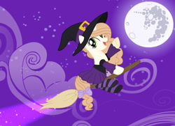 Size: 1280x925 | Tagged: safe, artist:cindystarlight, imported from derpibooru, oc, oc only, oc:ashley shine diamond, pony, unicorn, base used, broom, clothes, dress, flying, flying broomstick, hat, mare in the moon, moon, socks, solo, striped socks, witch hat