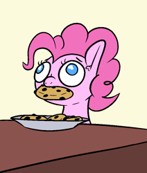Size: 715x843 | Tagged: safe, artist:happy harvey, imported from derpibooru, pinkie pie, earth pony, pony, chocolate chip cookie, cookie, ear fluff, faic, female, food, mare, mouth hold, no pupils, phone drawing, plate, solo, stealing, table, wall eyed