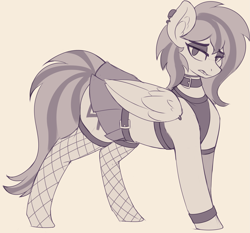 Size: 3335x3112 | Tagged: safe, artist:czu, imported from derpibooru, oc, oc only, oc:naveen numbers, pegasus, pony, belt, clothes, ear piercing, earring, eyeliner, female, fishnets, jewelry, lidded eyes, makeup, mare, open mouth, piercing, shirt, simple background, skirt, solo, wing piercing, wings