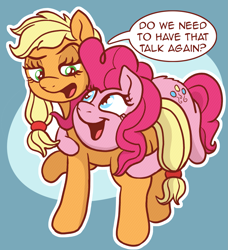 Size: 2033x2226 | Tagged: safe, artist:doodledonutart, imported from derpibooru, applejack, pinkie pie, earth pony, pony, applejack is not amused, blue background, dialogue, duo, duo female, eyebrows, female, g4, halftone, hape, high res, hug, looking at each other, looking at someone, mare, open mouth, open smile, outline, patience, personal space invasion, ponytober, raised eyebrow, raised hoof, simple background, smiling, speech bubble, unamused