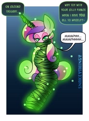 Size: 2800x3800 | Tagged: safe, artist:snakeythingy, imported from derpibooru, princess cadance, alicorn, pony, bondage, changeling slime, commission, damsel in distress, dialogue, gag, implied chrysalis, kidnapped, magic suppression, mind control, muffled words, mummification, offscreen character, peril, slime, speech bubble, wrapped up