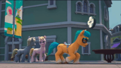 Size: 1280x724 | Tagged: safe, imported from derpibooru, screencap, hitch trailblazer, earth pony, pony, spoiler:g5, spoiler:my little pony: make your mark chapter 2, spoiler:myms01e08, angry, animated, background pony, blanket, blaze (coat marking), building, cape, clothes, coat markings, facial markings, g5, glasses, have you seen this dragon?, intense, male, mask, my little pony: make your mark, my little pony: make your mark chapter 2, no mercy, ominous, pastel pop, pharmacy, serious, serious face, socks (coat markings), sound, stallion, stare, street, table, voice