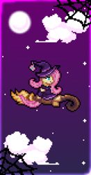 Size: 4800x9180 | Tagged: safe, artist:mariothepixelarter, imported from derpibooru, fluttershy, pegasus, pony, absurd resolution, broom, clothes, cloud, dress, female, flying, flying broomstick, full moon, halloween, hat, holiday, mare, moon, night, no pupils, pixel art, sitting, solo, spider web, stars, witch, witch hat